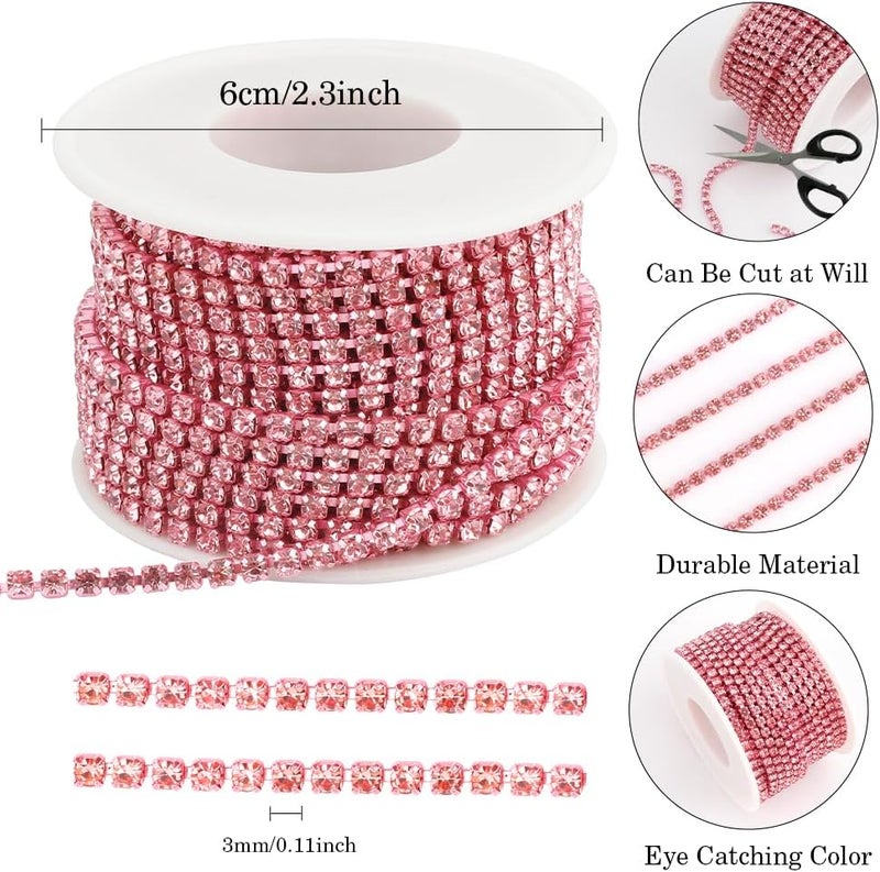 Slergut Rhinestone Chain, 10Yard 3mm Pink Rhinestone Trim, Diamond String Rhinestones Ribbon Strips Tape, Bling Crystal Rhinestones Close Chains Claw Cup Chains Trim for Sewing Craft DIY Clothes Shoes Jewelry - Image 2